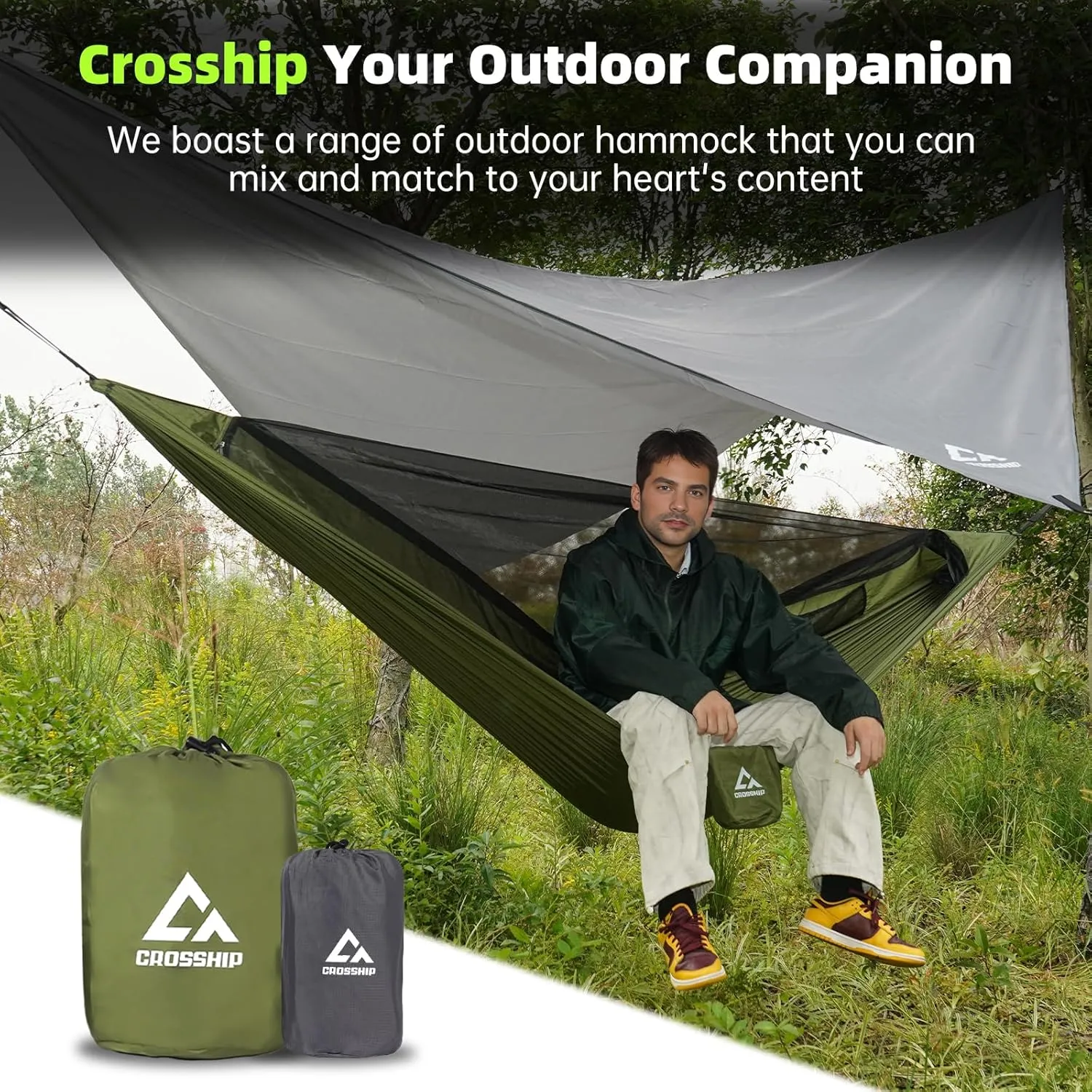 Camping Hammock with Mosquito Net and Rain Fly Tarp - 2 Person Hammock Tent, Portable Parachute Nylon Hammock for Outdoor, Hiking, Backpacking, Backyard, Beach, Travel (Hold Up to 500lbs)