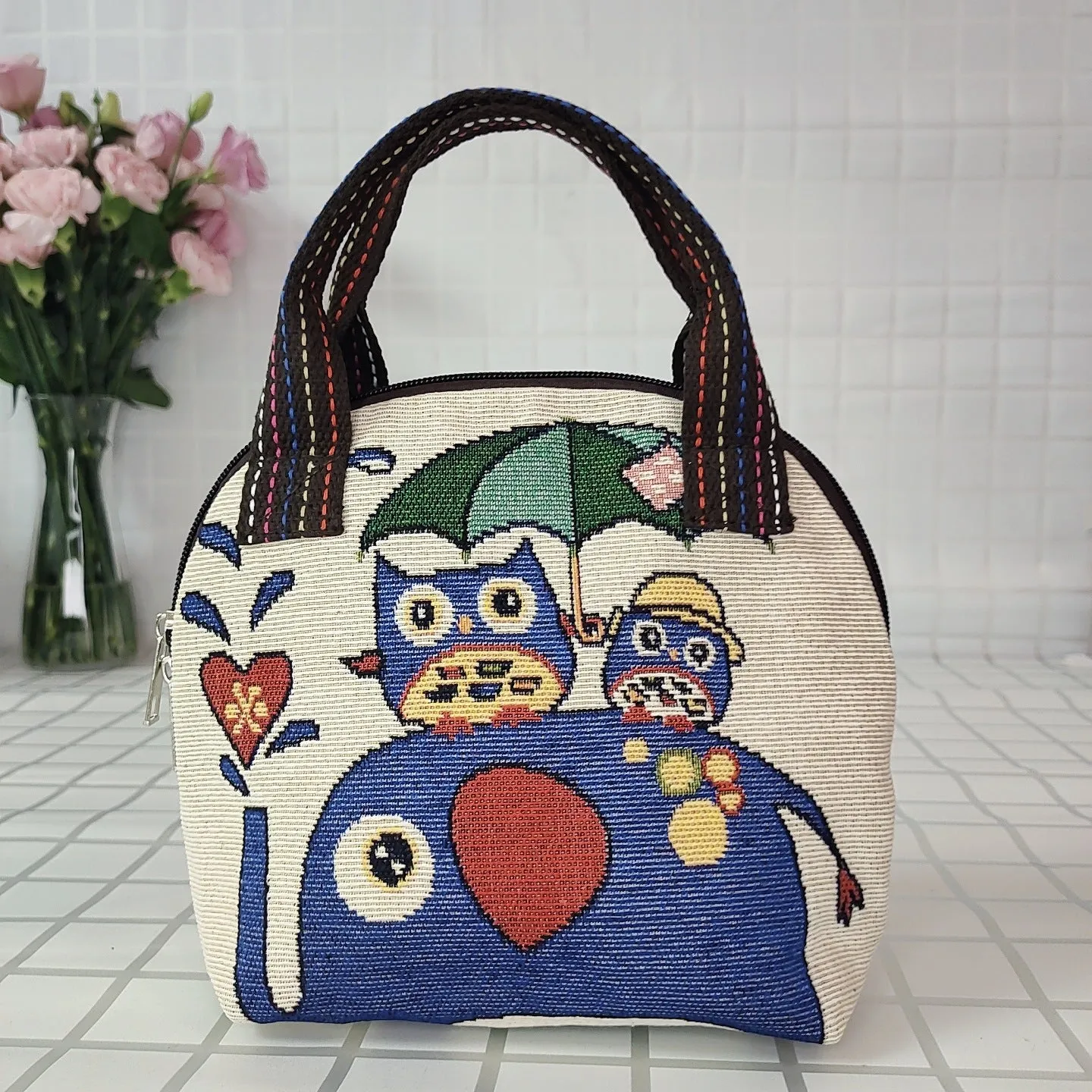Canvas Embroidered Shell Shape Mobile Change Grocery Handbags