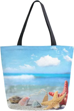Canvas Tote Bag Starfish Shells Summer Women Shoulder Bag Beach Sea Sunny Reusable Grocery Bags Large Handbag Travel Shopping Bag for School Nursing Gift Outdoors