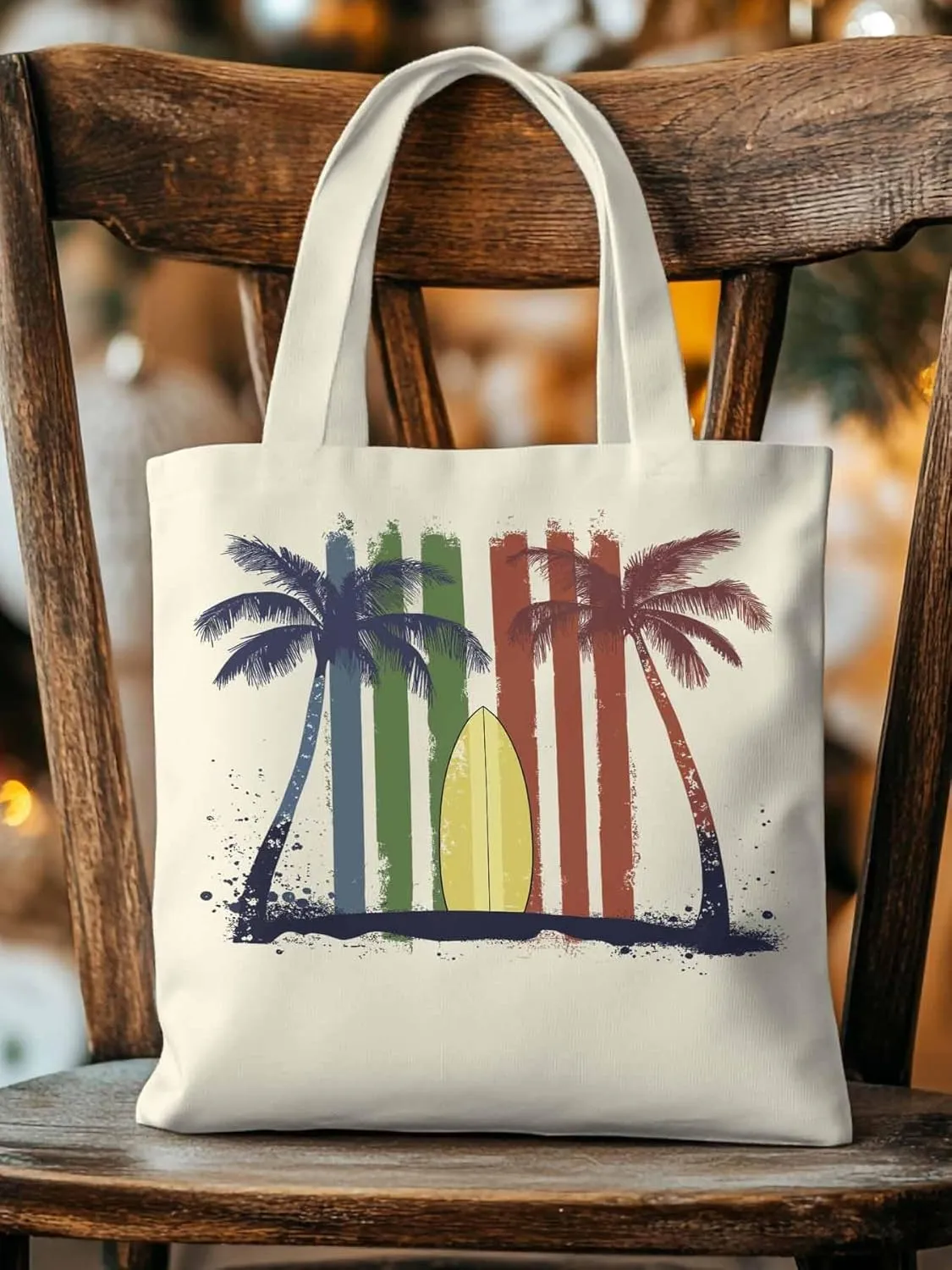 Canvas Tote Bag, Tropical Palm Surfboard Colorful Aesthetic Canvas Tote Handbags for Women Shoulder Bag,