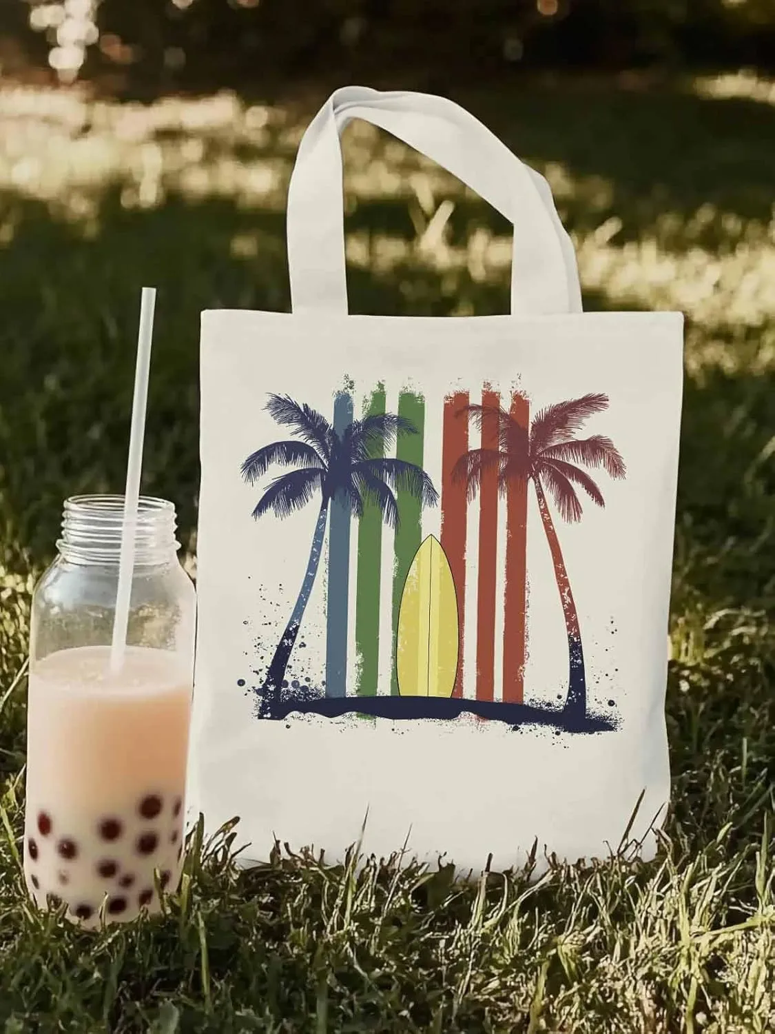 Canvas Tote Bag, Tropical Palm Surfboard Colorful Aesthetic Canvas Tote Handbags for Women Shoulder Bag,