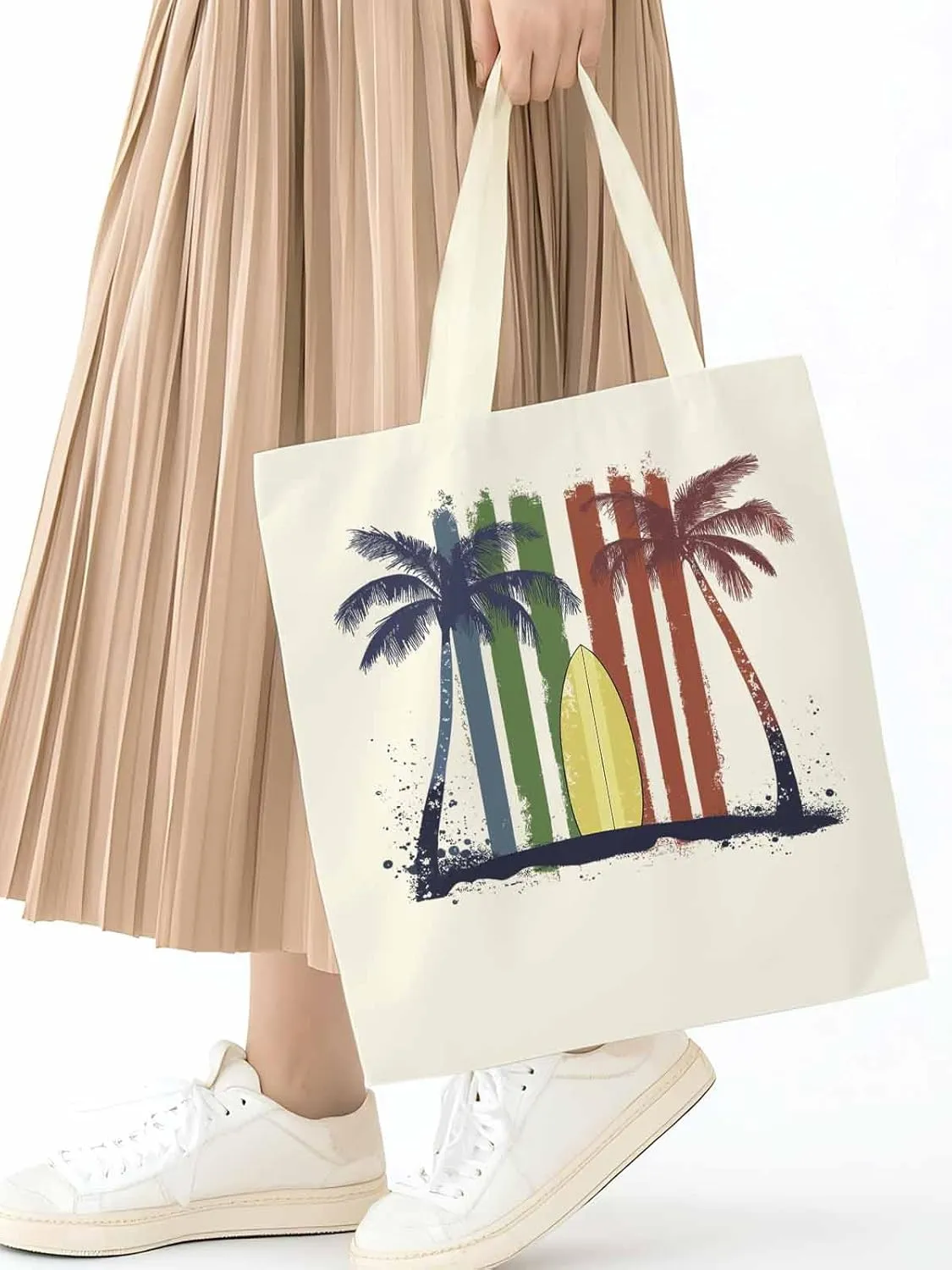 Canvas Tote Bag, Tropical Palm Surfboard Colorful Aesthetic Canvas Tote Handbags for Women Shoulder Bag,