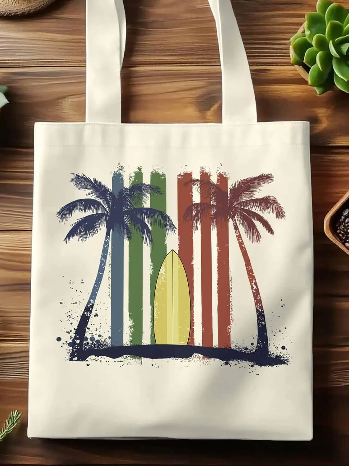 Canvas Tote Bag, Tropical Palm Surfboard Colorful Aesthetic Canvas Tote Handbags for Women Shoulder Bag,