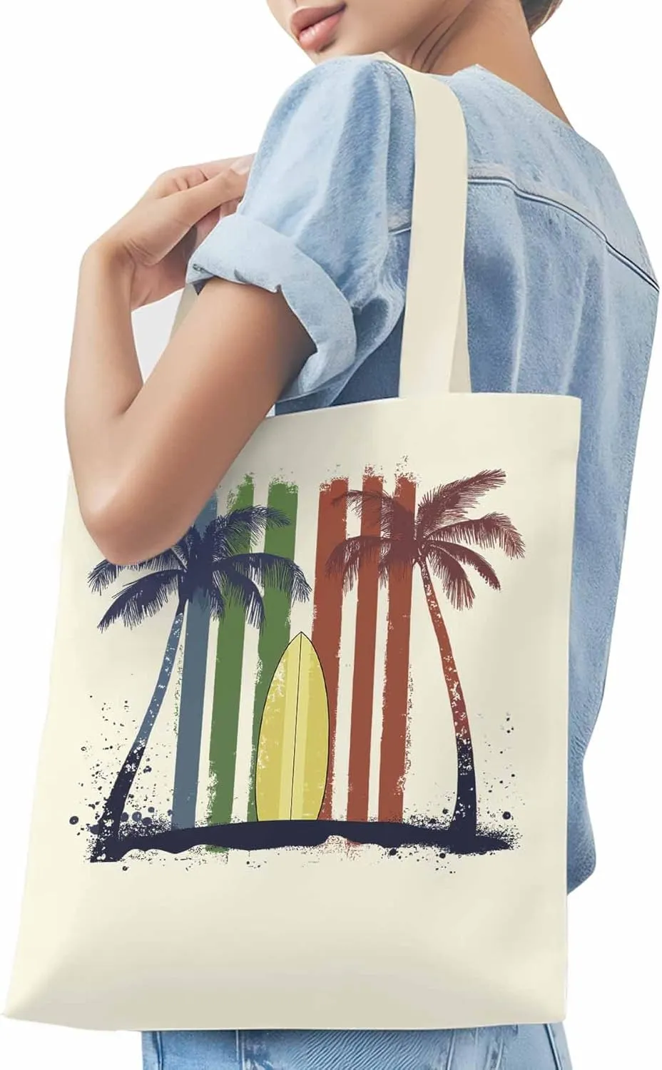 Canvas Tote Bag, Tropical Palm Surfboard Colorful Aesthetic Canvas Tote Handbags for Women Shoulder Bag,