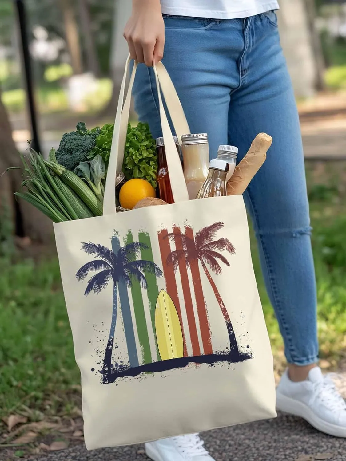 Canvas Tote Bag, Tropical Palm Surfboard Colorful Aesthetic Canvas Tote Handbags for Women Shoulder Bag,