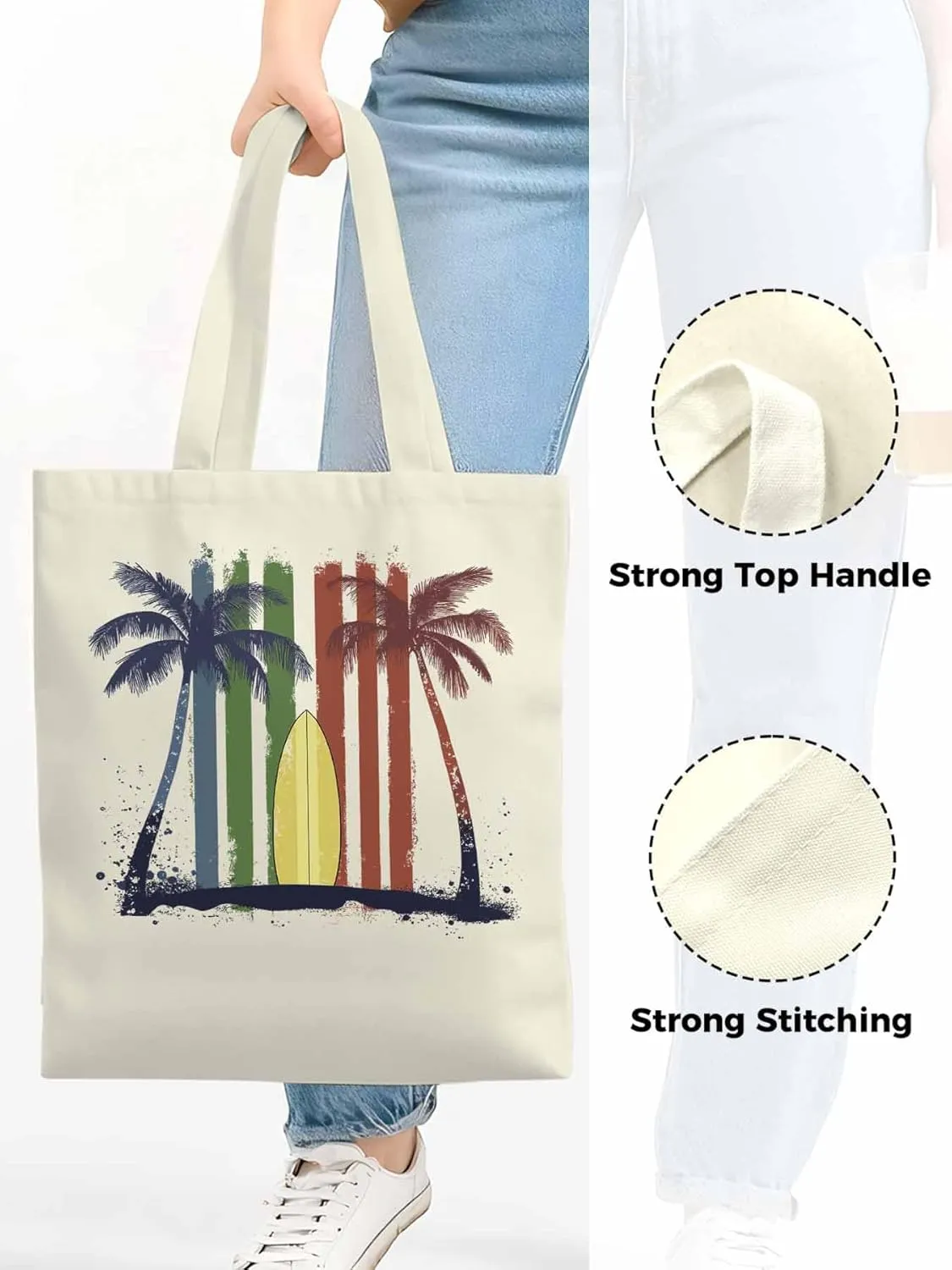Canvas Tote Bag, Tropical Palm Surfboard Colorful Aesthetic Canvas Tote Handbags for Women Shoulder Bag,