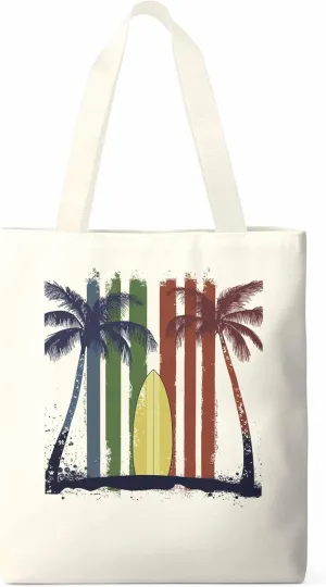 Canvas Tote Bag, Tropical Palm Surfboard Colorful Aesthetic Canvas Tote Handbags for Women Shoulder Bag,