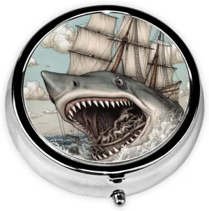 Cartoon Fish Eating Ship Sea Pill Box Round Pill Case for Pocket Purse 3 Compartment Medicine Pill Organizer Cute Portable Travel Pillbox Vitamin Cod Liver Oil Storage Box Unique Gift Organizer