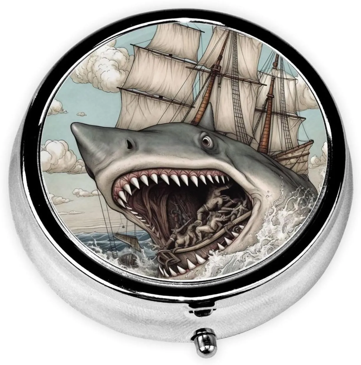 Cartoon Fish Eating Ship Sea Pill Box Round Pill Case for Pocket Purse 3 Compartment Medicine Pill Organizer Cute Portable Travel Pillbox Vitamin Cod Liver Oil Storage Box Unique Gift Organizer