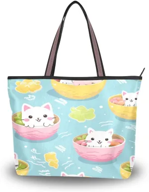 Cat in Bowl Shoulder Bags Large Handle Ladies Handbag