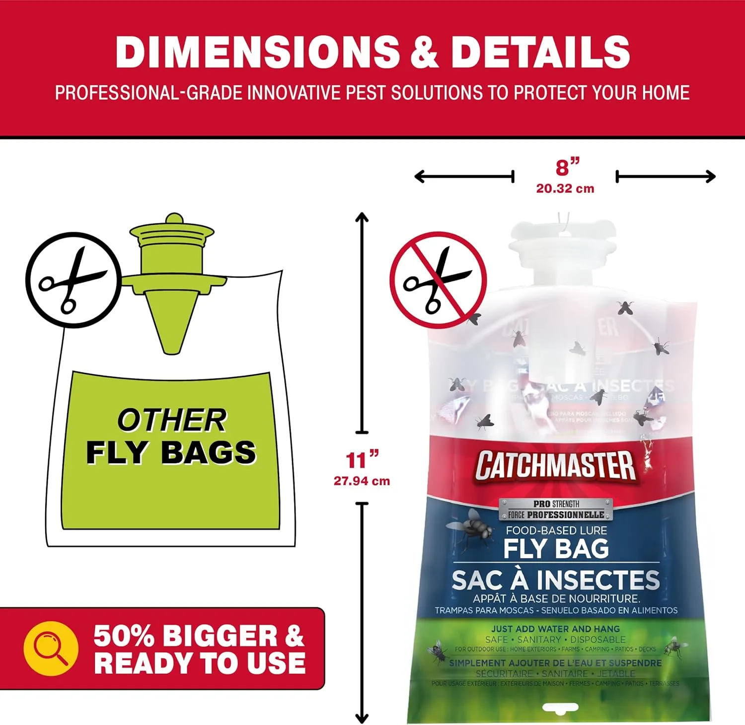 Catchmaster Pro Series Fly Bag 4-Pack, Hanging Fly Trap Outdoor Home, Bug Catcher and Flying Insect Trap with Premium Bait, Pet Safe Pest Control, XL Bag for Backyard, Pool, Patio & Camping