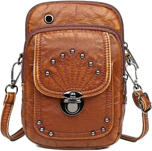 Cell Phone Purse, Leather Small Rivets Crossbody Bag for Women, Lightweight Cute Washed Shoulder Bag