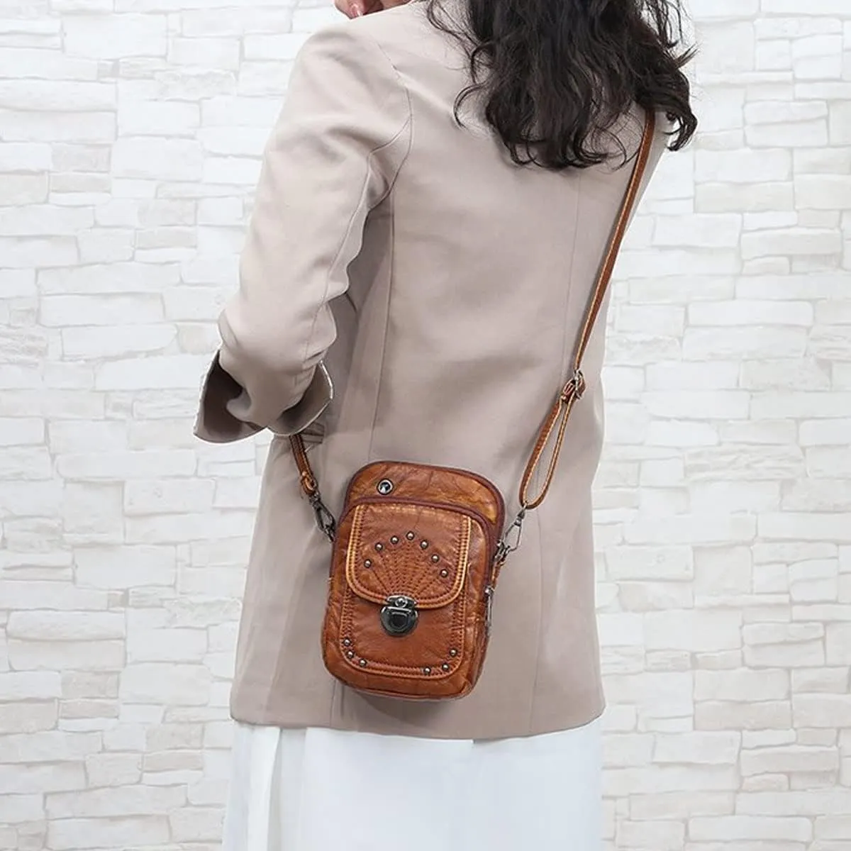Cell Phone Purse, Leather Small Rivets Crossbody Bag for Women, Lightweight Cute Washed Shoulder Bag