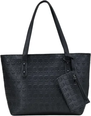 Chikencall Tote Purse for Women Skull Print 2PCS Set Shoulder Handbag Leather Black Punk Top-handle Bag with Matching Clutch