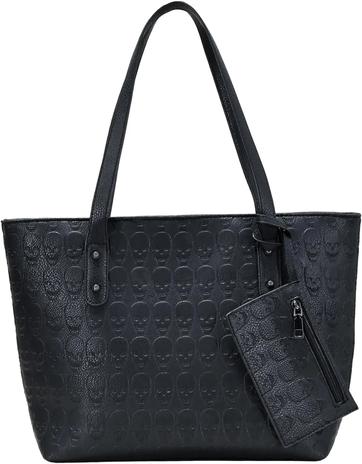 Chikencall Tote Purse for Women Skull Print 2PCS Set Shoulder Handbag Leather Black Punk Top-handle Bag with Matching Clutch