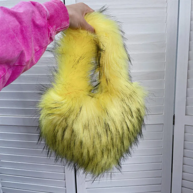 Children's Size Heart Imitation Raccoon Fur Plush Handbags