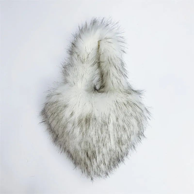 Children's Size Heart Imitation Raccoon Fur Plush Handbags
