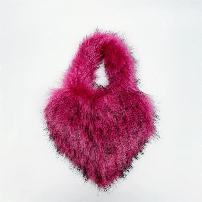 Children's Size Heart Imitation Raccoon Fur Plush Handbags