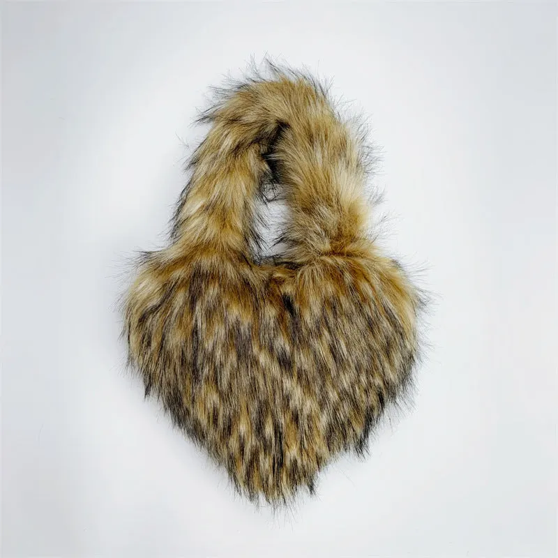 Children's Size Heart Imitation Raccoon Fur Plush Handbags