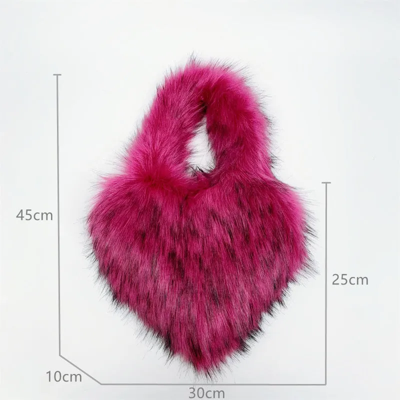 Children's Size Heart Imitation Raccoon Fur Plush Handbags