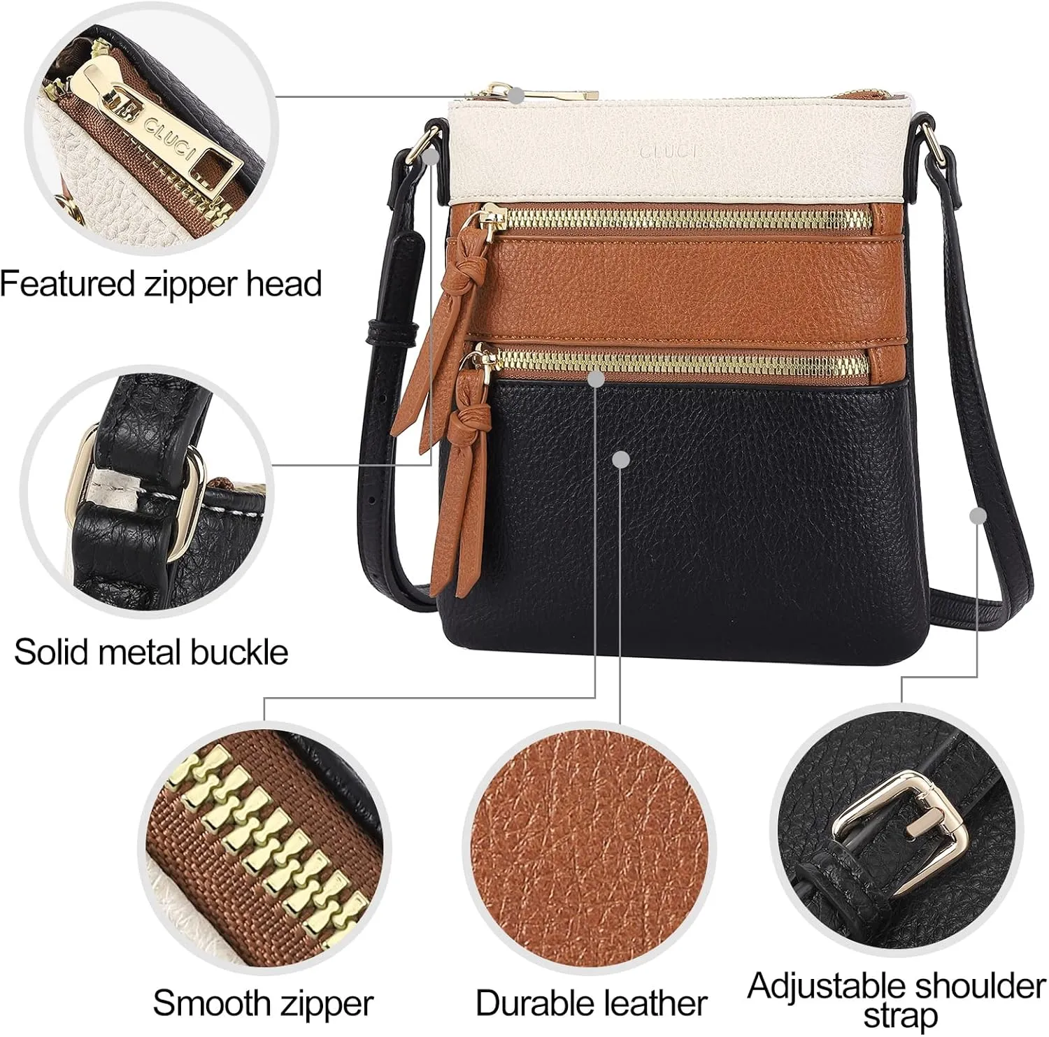 CLUCI Crossbody Purses for Women, Medium Size Zipper Pocket Adjustable Strap, Soft Leather Women's Shoulder Handbags