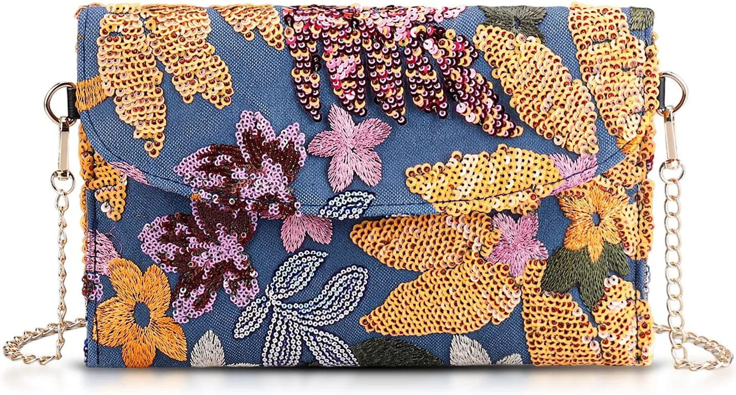 Clutch Purses for Women, Envelope Package, Sequin Embroidered Flowers Cowboys Bag, Bohemian Handmade Handbags