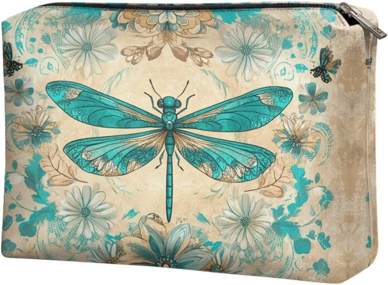 COEQINE Dragonfly Cosmetic Makeup Bag for Women Western Leather Cosmetic With Zipper for Travel Cosmetic Case for Ladies Party Bag Leather Purse for Women Small Cosmetic Wallet for Birthday Party