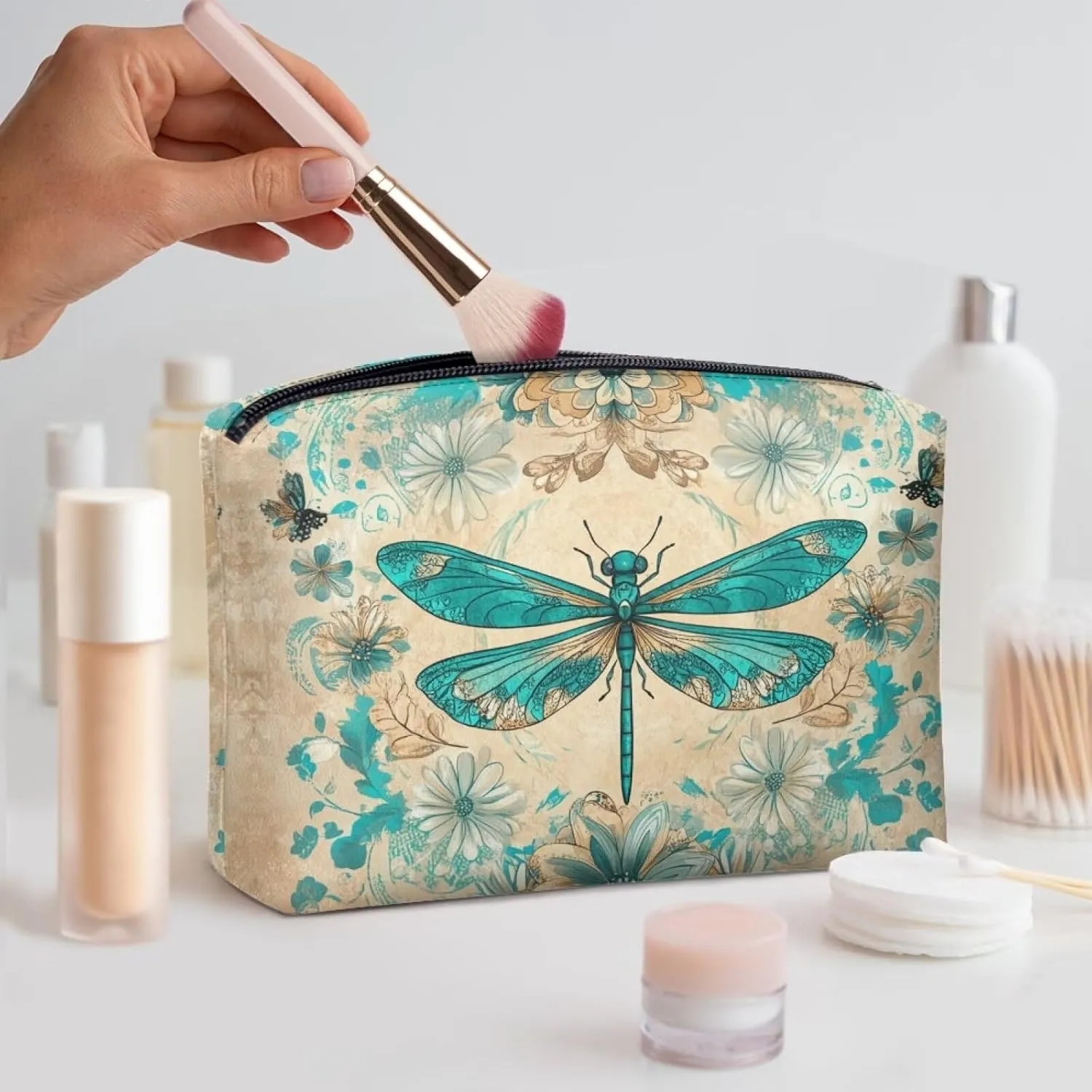 COEQINE Dragonfly Cosmetic Makeup Bag for Women Western Leather Cosmetic With Zipper for Travel Cosmetic Case for Ladies Party Bag Leather Purse for Women Small Cosmetic Wallet for Birthday Party