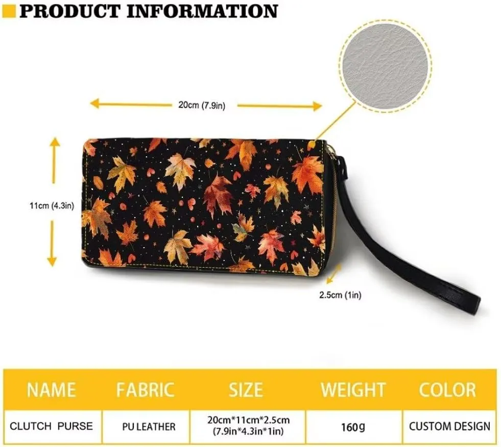 Coldinair Autumn Maple Leaves Wallet for Women Zip Around PU Leather Long Purse Travel Clutch Wristlet Card Holder Organizer
