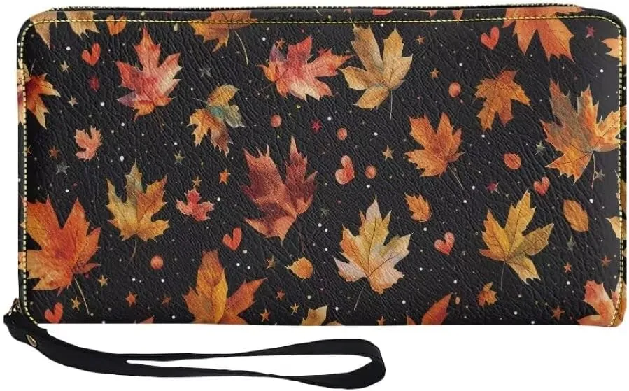 Coldinair Autumn Maple Leaves Wallet for Women Zip Around PU Leather Long Purse Travel Clutch Wristlet Card Holder Organizer