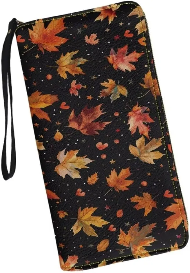 Coldinair Autumn Maple Leaves Wallet for Women Zip Around PU Leather Long Purse Travel Clutch Wristlet Card Holder Organizer