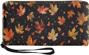 Coldinair Autumn Maple Leaves Wallet for Women Zip Around PU Leather Long Purse Travel Clutch Wristlet Card Holder Organizer