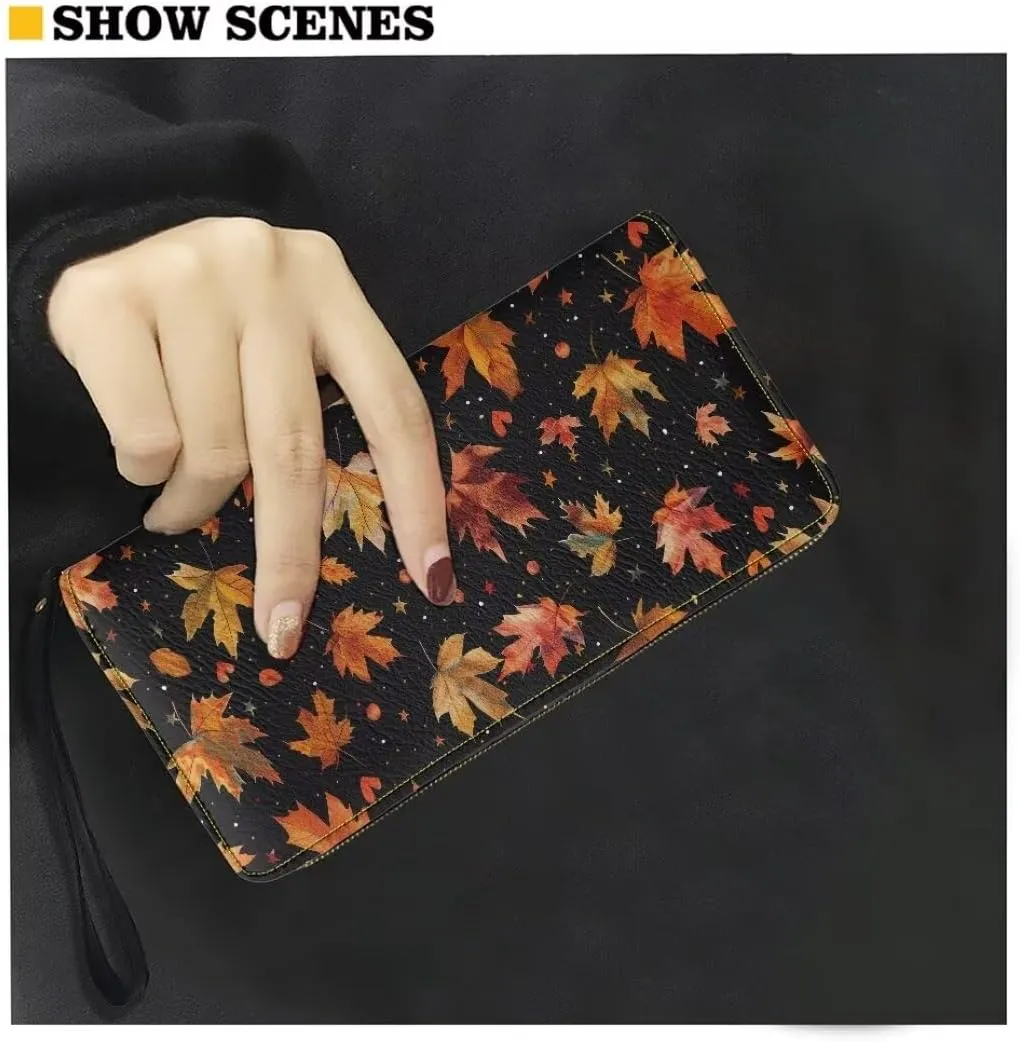 Coldinair Autumn Maple Leaves Wallet for Women Zip Around PU Leather Long Purse Travel Clutch Wristlet Card Holder Organizer