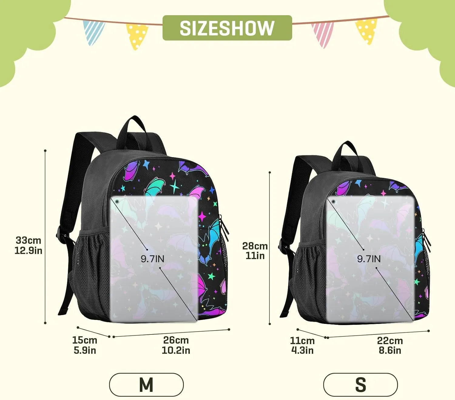 Colorful Bats Toddler Backpack Waterproof Mini Backpack Boys/Girls Cute Small Backpack Kindergarten Pre School Bags (M
