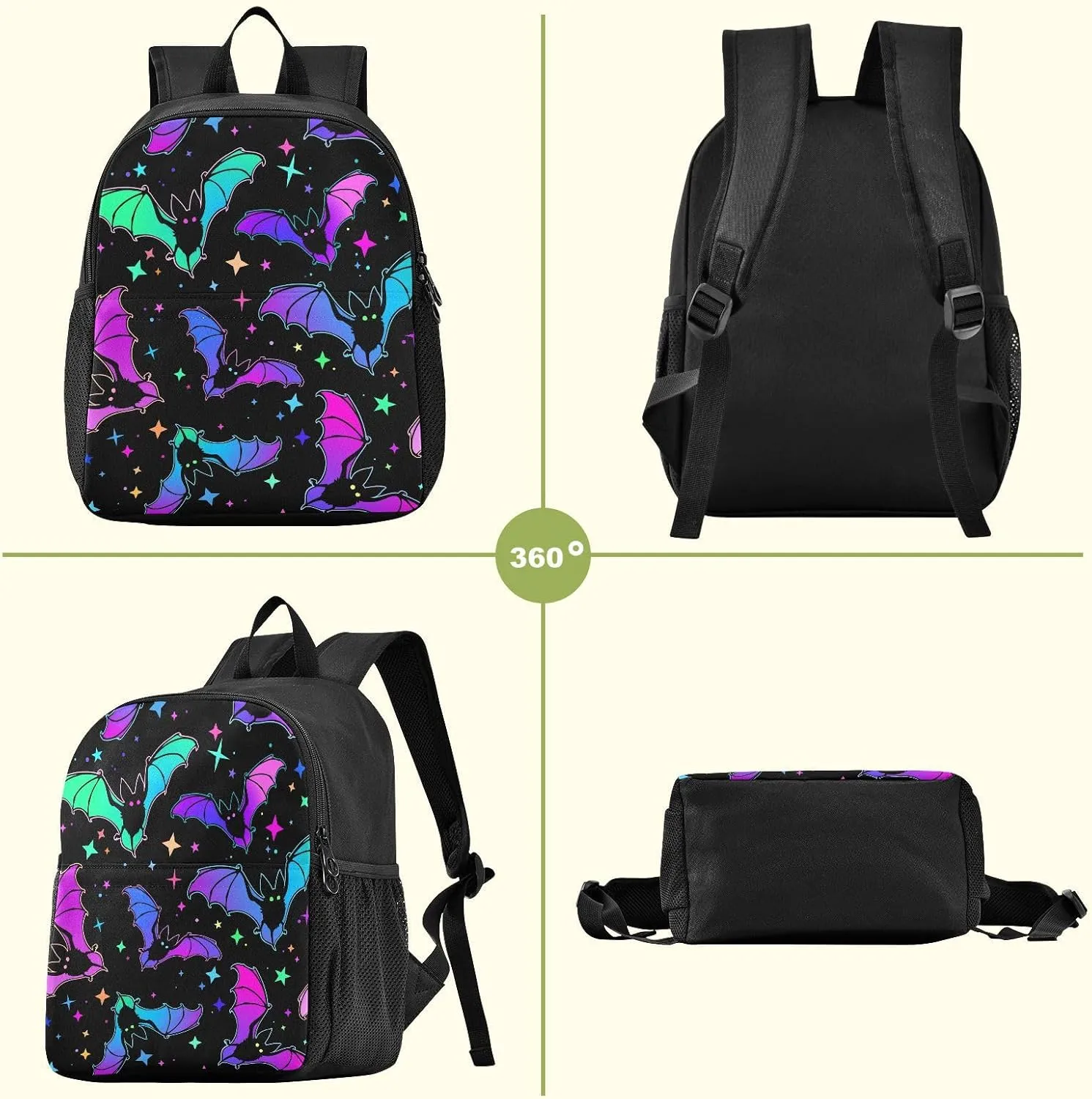 Colorful Bats Toddler Backpack Waterproof Mini Backpack Boys/Girls Cute Small Backpack Kindergarten Pre School Bags (M