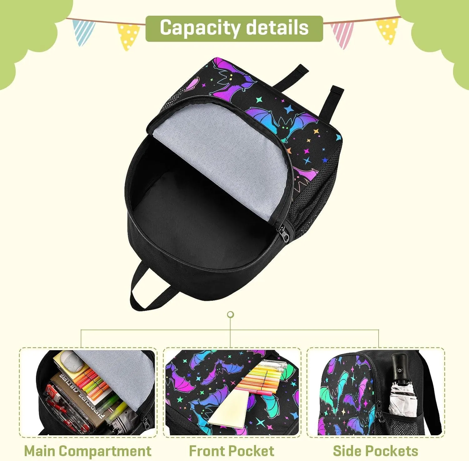 Colorful Bats Toddler Backpack Waterproof Mini Backpack Boys/Girls Cute Small Backpack Kindergarten Pre School Bags (M