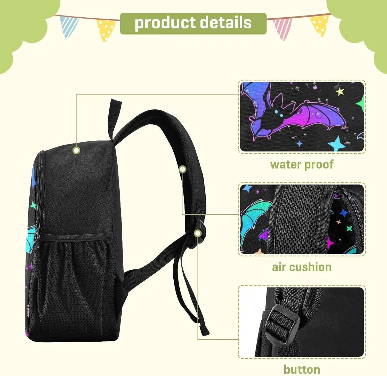 Colorful Bats Toddler Backpack Waterproof Mini Backpack Boys/Girls Cute Small Backpack Kindergarten Pre School Bags (M