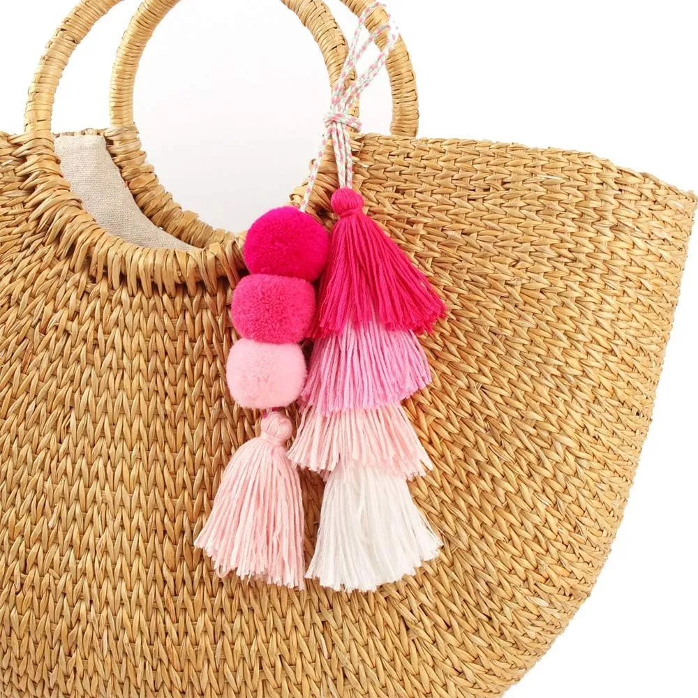 Colorful Bohemian Pompom Tassel Keychain Handbags Straw Bag Charms Ornaments Key Ring Pompom Pendant