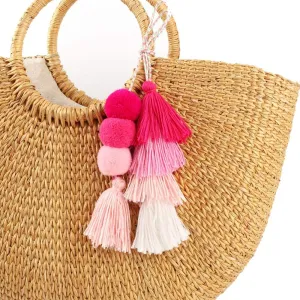 Colorful Bohemian Pompom Tassel Keychain Handbags Straw Bag Charms Ornaments Key Ring Pompom Pendant
