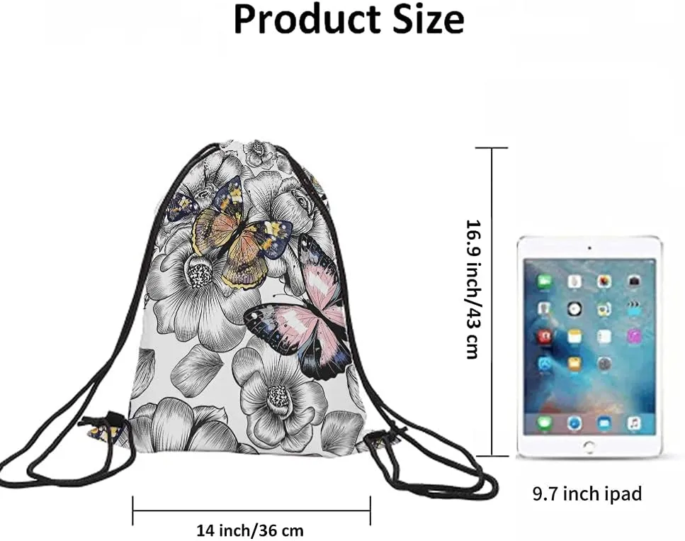 Colorful Butterflies Drawstring Bags Backpack Bag Flowers Bird Animal Beautiful Wings Magic Art Hand Painted Sport Gym Sack Drawstring Bag String Bag Yoga Bag for Men Women
