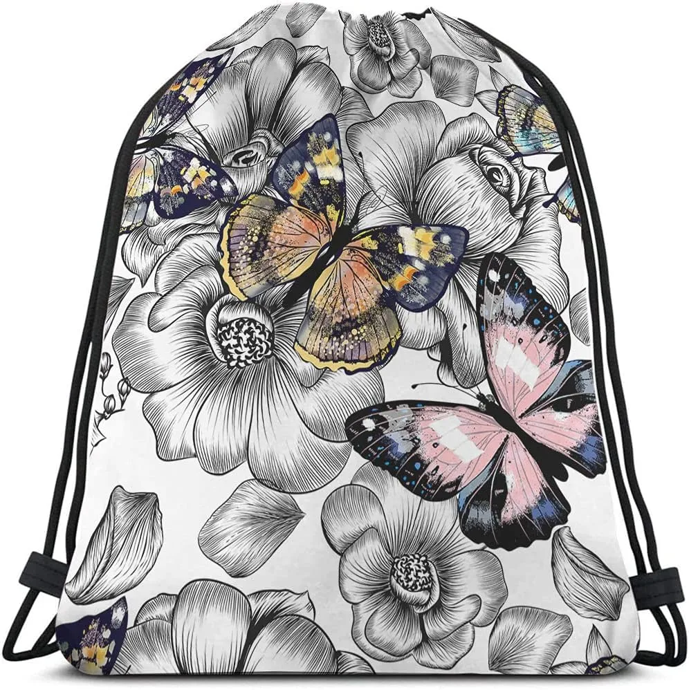 Colorful Butterflies Drawstring Bags Backpack Bag Flowers Bird Animal Beautiful Wings Magic Art Hand Painted Sport Gym Sack Drawstring Bag String Bag Yoga Bag for Men Women