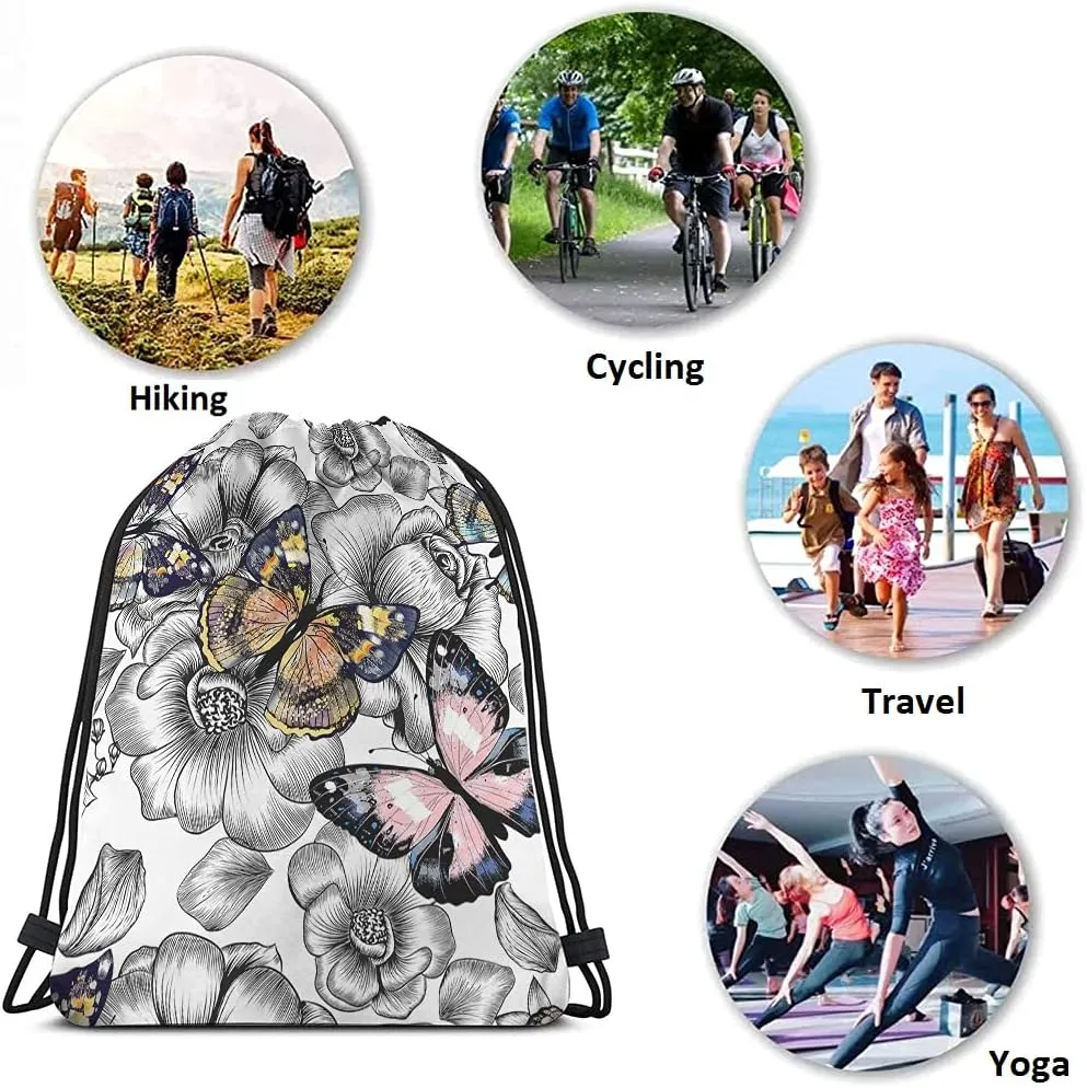 Colorful Butterflies Drawstring Bags Backpack Bag Flowers Bird Animal Beautiful Wings Magic Art Hand Painted Sport Gym Sack Drawstring Bag String Bag Yoga Bag for Men Women