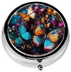 Colorful Butterflies Flying Pill Box Round Pill Case for Pocket Purse 3 Compartment Medicine Pill Organizer Cute Portable Travel Pillbox Vitamin Cod Liver Oil Storage Box Unique Gift Organizer