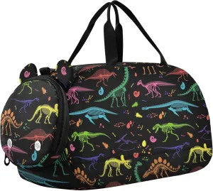 Colorful Dinosaur Fossil Sports Duffle Bag for Girls Boys, Gym Bag with Shoe Compartment, Kids Travel Overnight Weekender Shoulder Bag