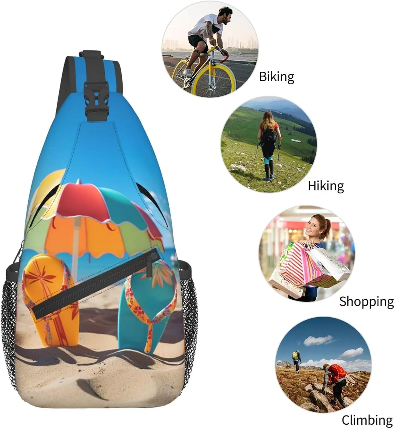 Colorful Flip Flops Beach Ball Sling Bag Backpack For Men Cross Chest Bag Crossbody Shoulder Bag Travel Hiking Daypack