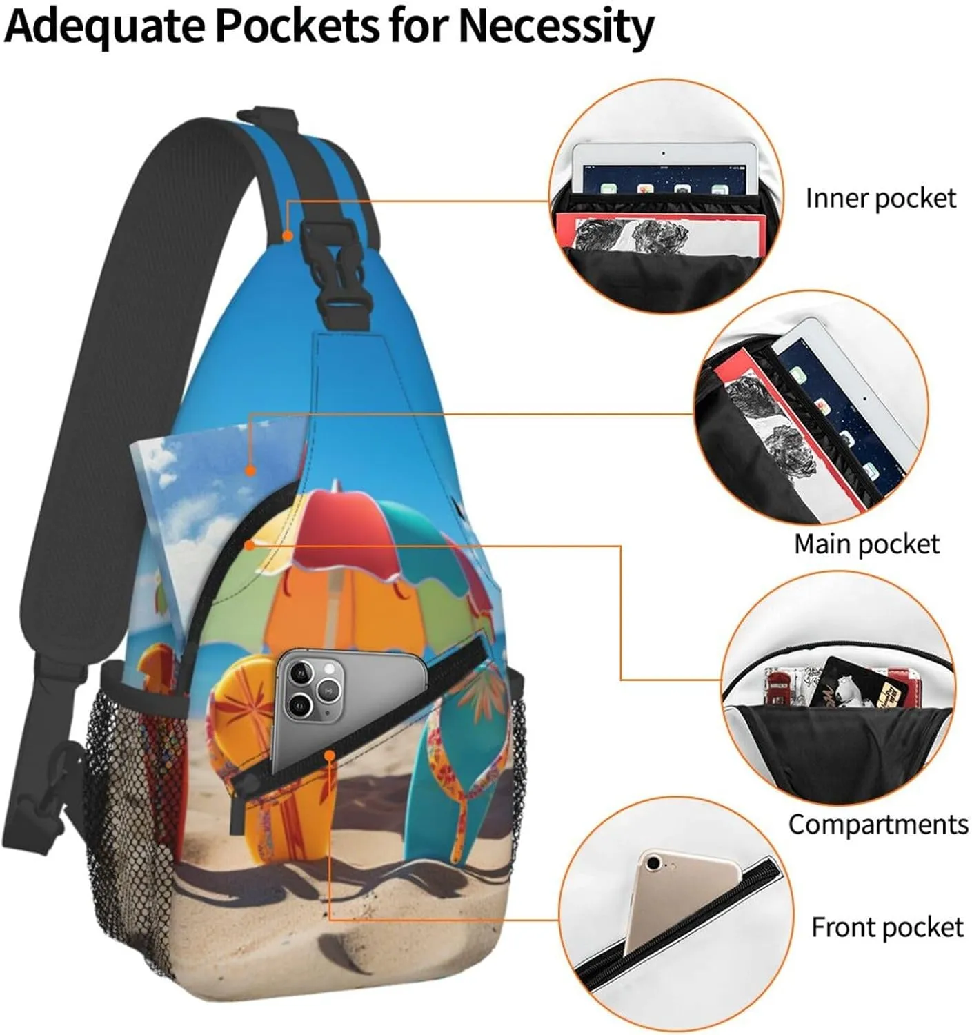 Colorful Flip Flops Beach Ball Sling Bag Backpack For Men Cross Chest Bag Crossbody Shoulder Bag Travel Hiking Daypack