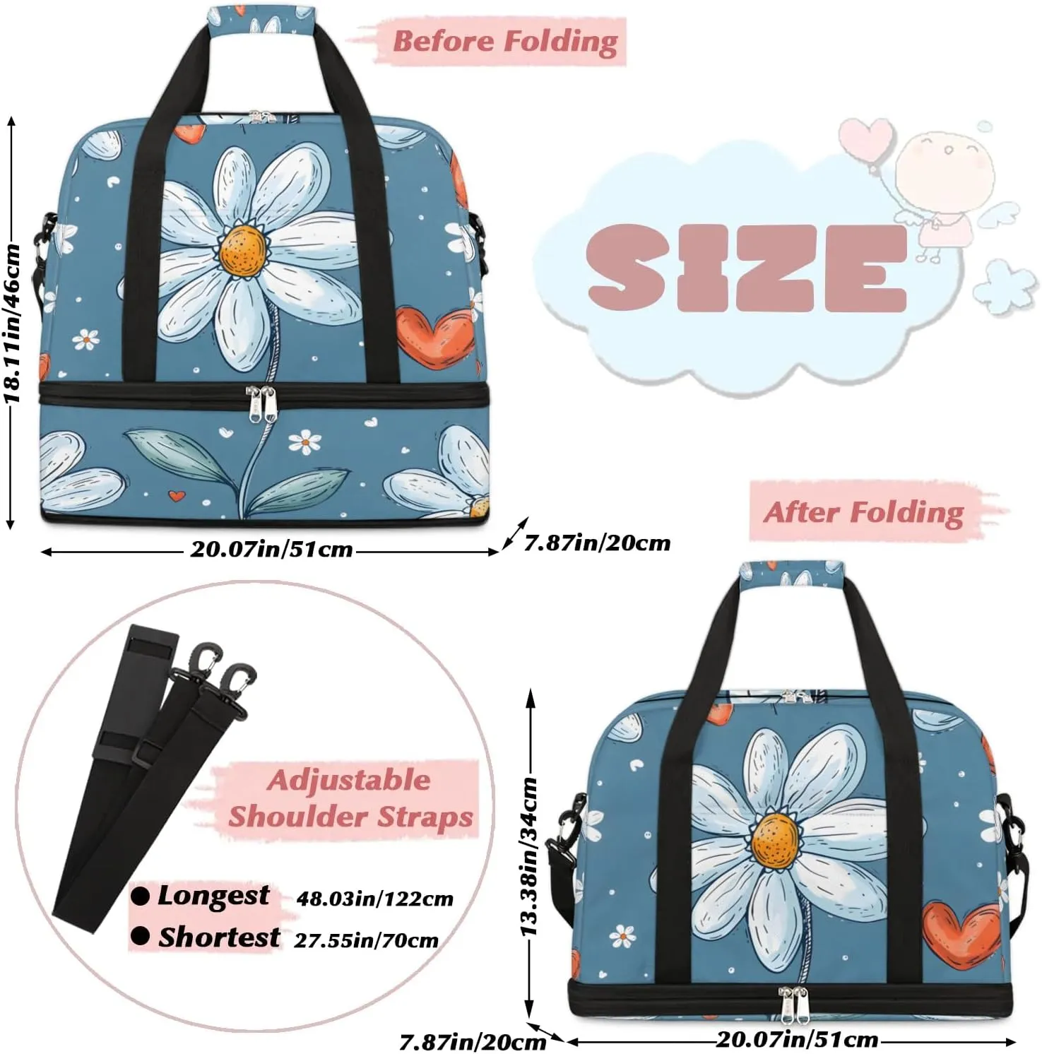 Colorful Flower Beauty Pattern Travel Duffle Bag, Collapsible Travel Bag Sports Gym Bag With Shoes Compartment Weekender Bag Overnight Bag For Women Men