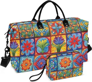 Colorful Mexican Ceramic Tile Travel Duffle Bag Duffel Bags Carry On Overnight Bag Large Weekender Duffle Bags Gym Bag with Toiletry Bag Hospital Bag for Men Women Airplanes Trip Sports Yoga Adults