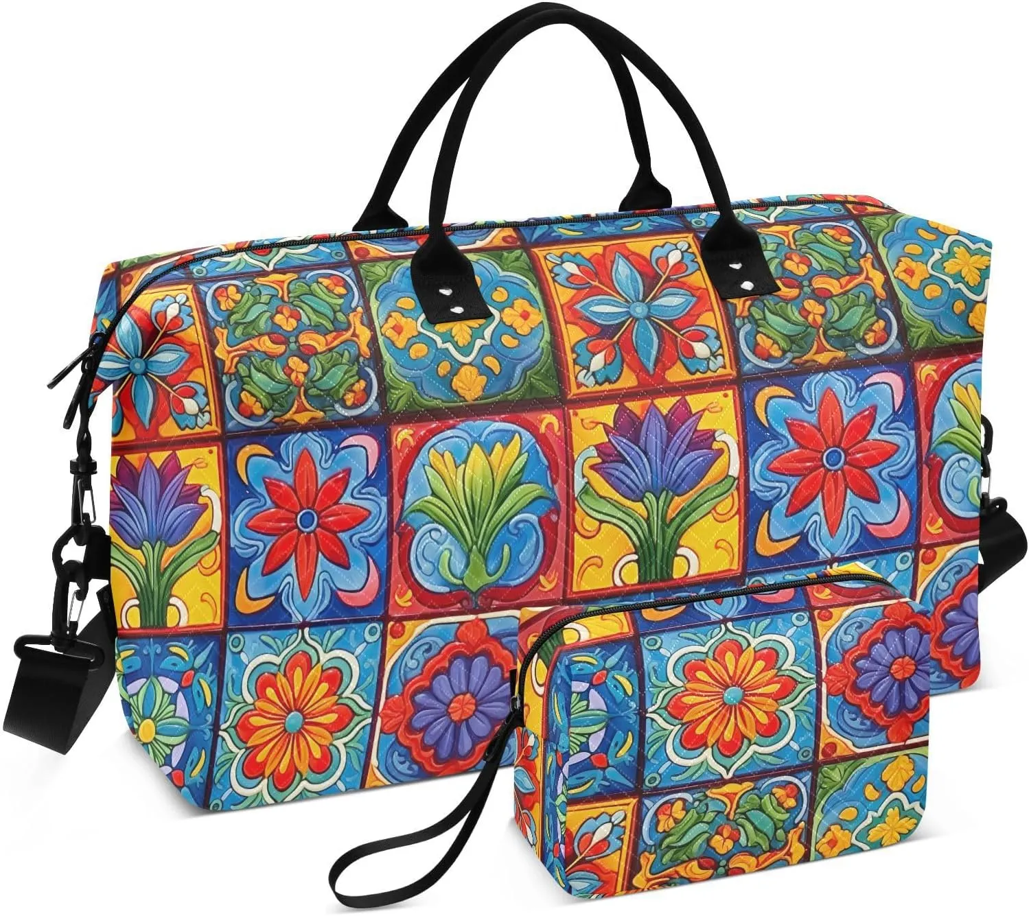 Colorful Mexican Ceramic Tile Travel Duffle Bag Duffel Bags Carry On Overnight Bag Large Weekender Duffle Bags Gym Bag with Toiletry Bag Hospital Bag for Men Women Airplanes Trip Sports Yoga Adults