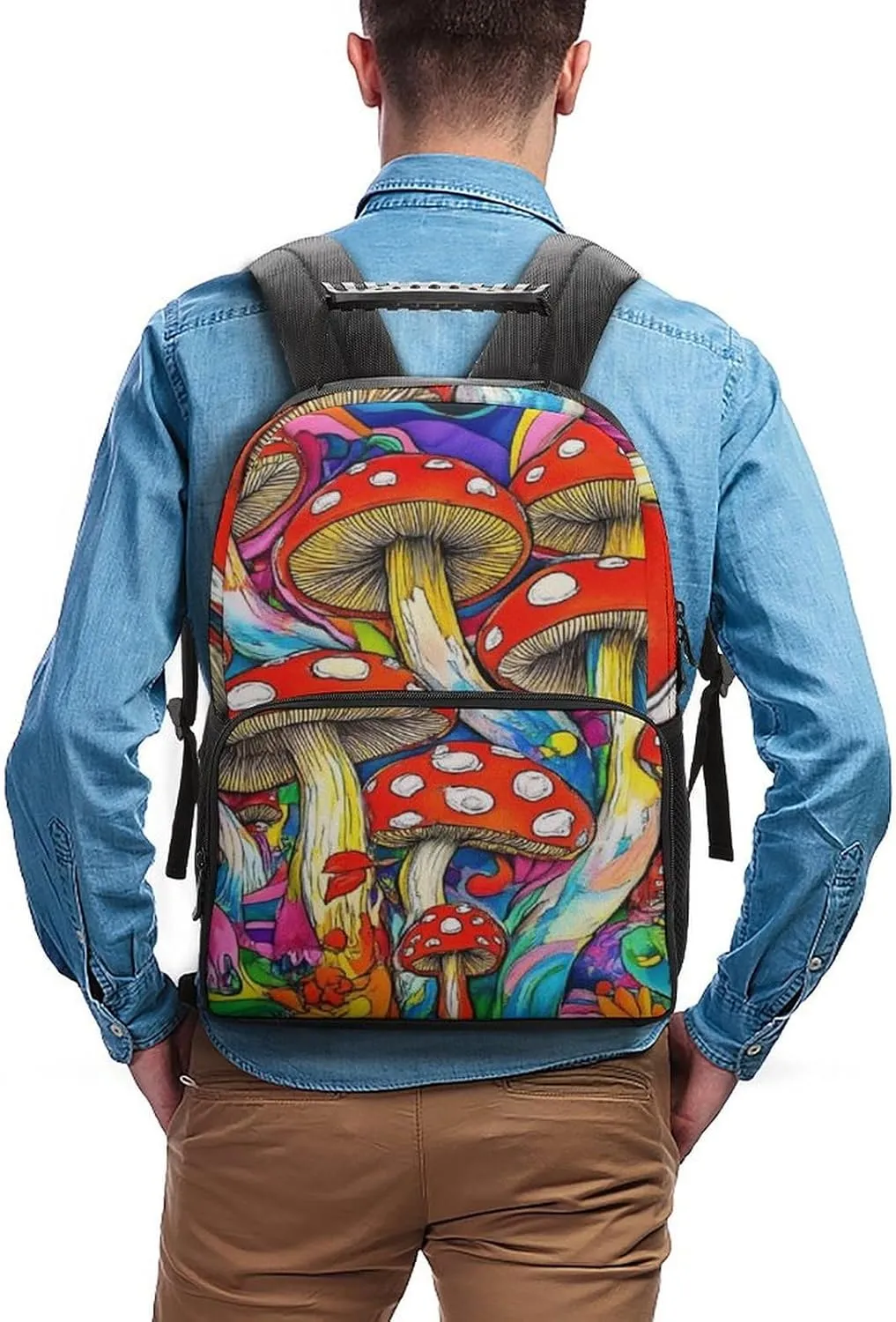 Colorful Mushrooms Art Shoulder Book Bags Polyester Multipurpose Anti-Theft Carry On Bag Large Capacity Travel Hiking & Camping Rucksack